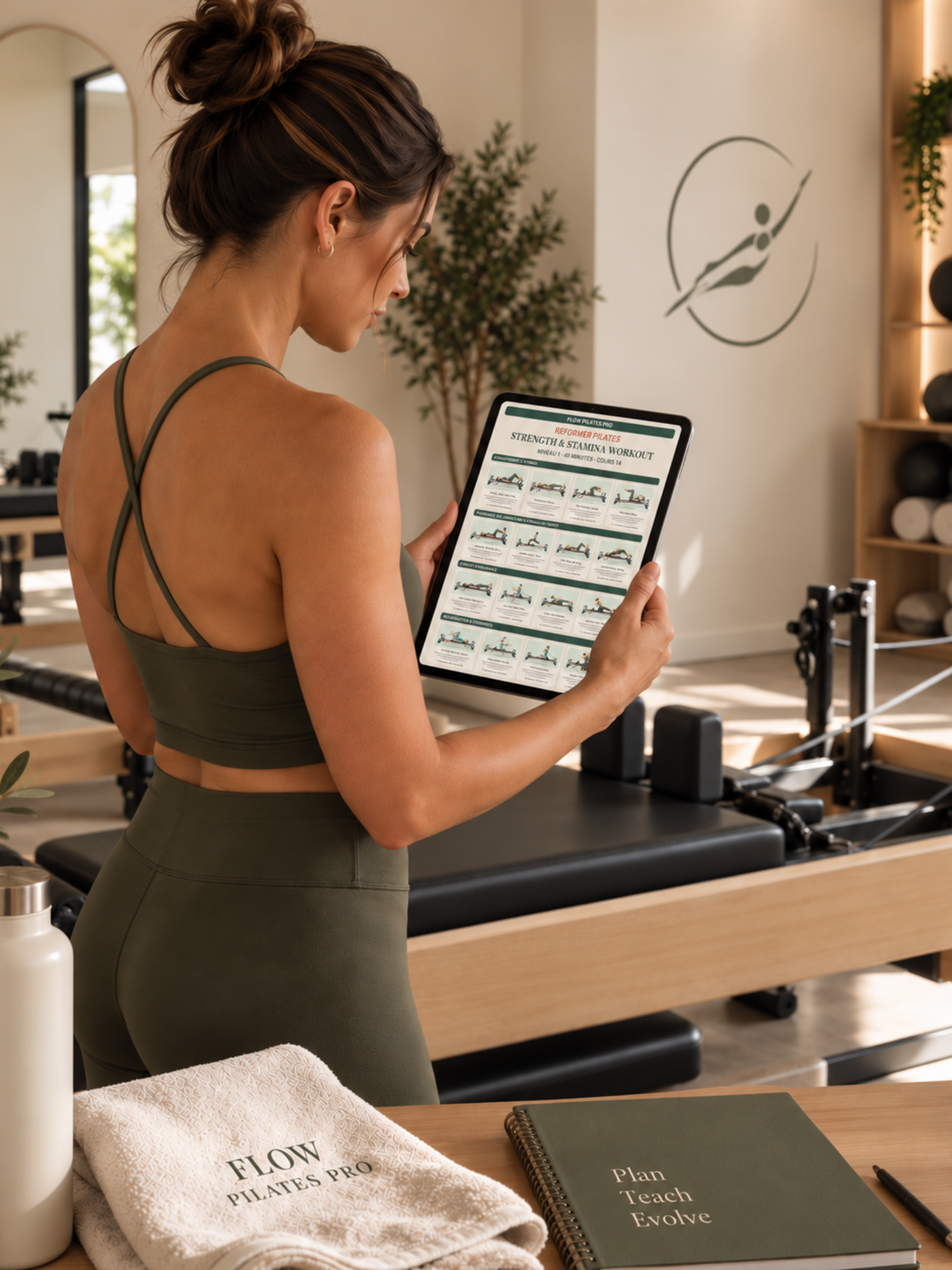 Enseignante de Pilates préparant son cours de Reformer